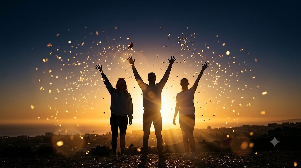 Jovens comemorando a aprovação ao pôr do sol