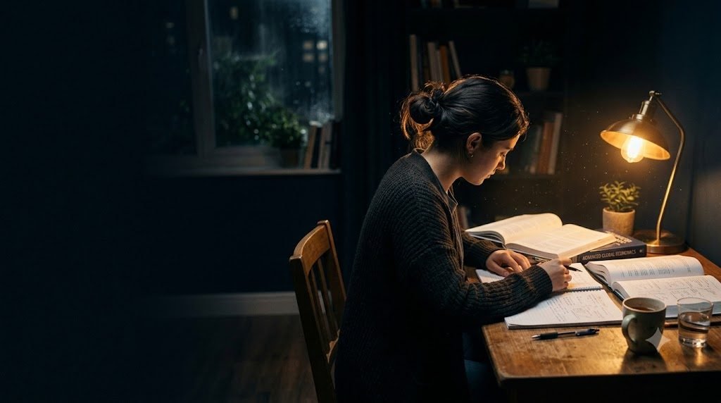Estudante concentrada estudando à noite sob a luz da luminária